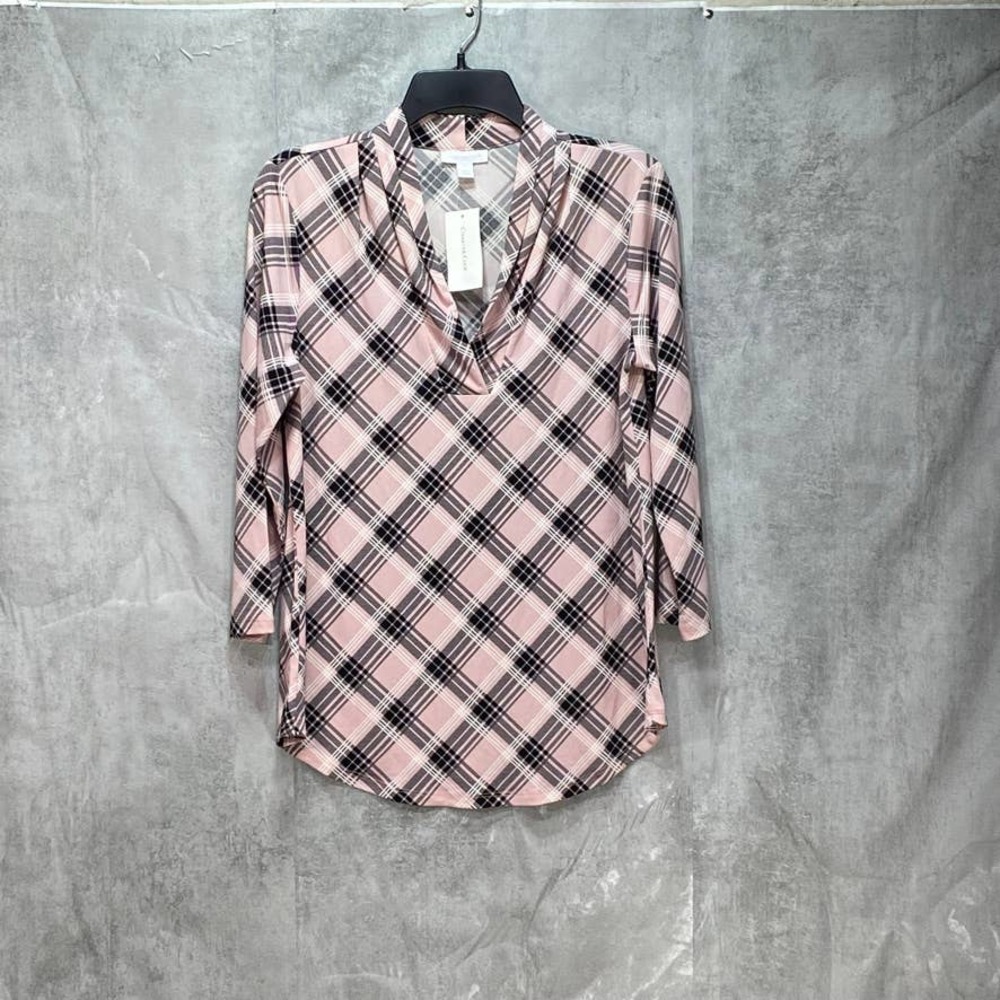 Charter Club Women's Light Pink Plaid Pleated V-Neck 3/4 Sleeve Top SZ S